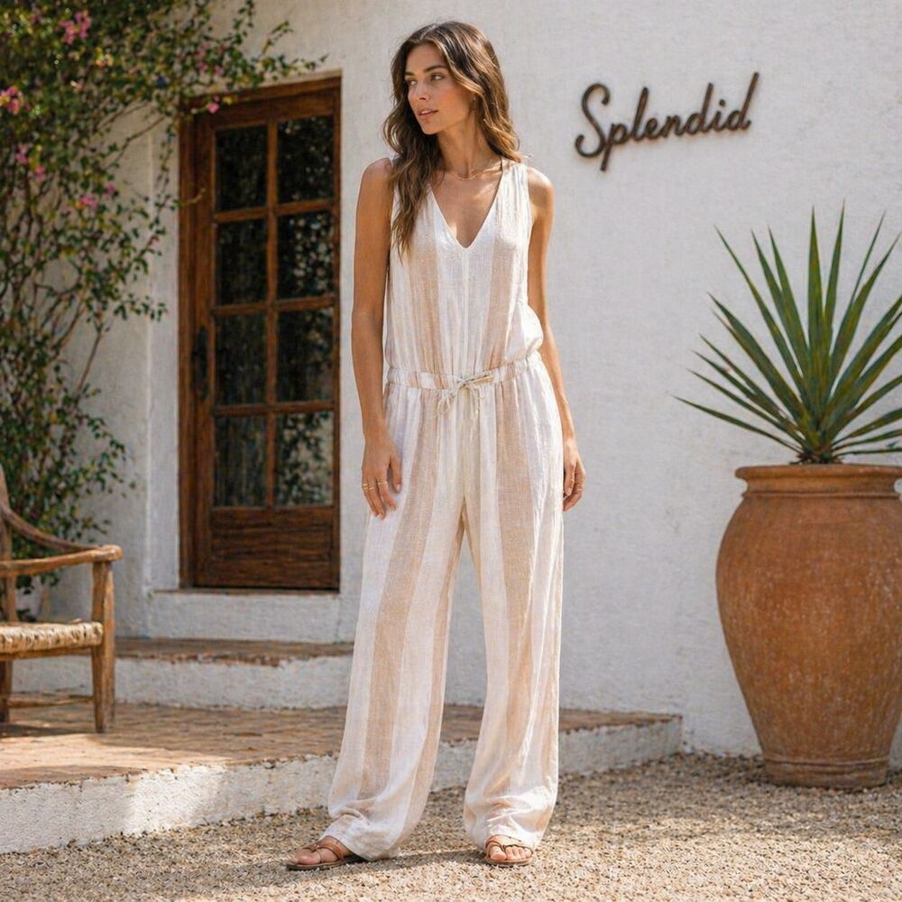 SPLENDID Women's Jumpsuit Linen Blend SMALL Beige Stripe Wide Leg RS2R091
